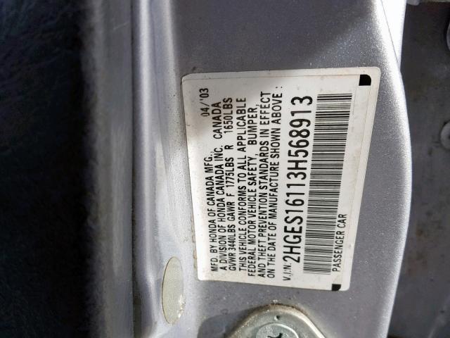 2HGES16113H568913 - 2003 HONDA CIVIC DX SILVER photo 10