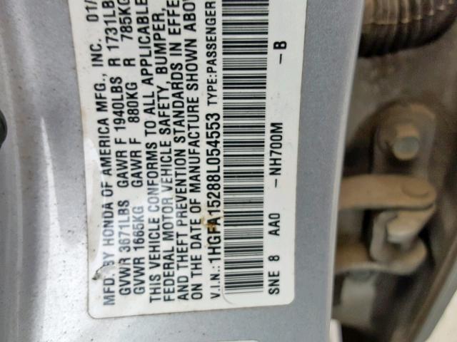 1HGFA15288L054553 - 2008 HONDA CIVIC DX SILVER photo 10