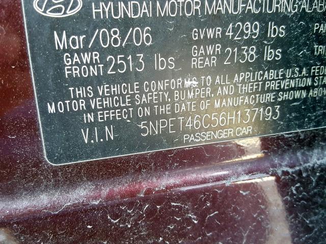 5NPET46C56H137193 - 2006 HYUNDAI SONATA GL BURGUNDY photo 10