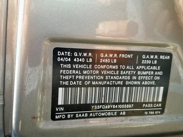 YS3FD49Y641055897 - 2004 SAAB 9-3 ARC GRAY photo 10