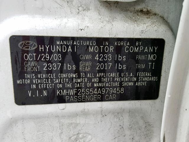 KMHWF25S54A979458 - 2004 HYUNDAI SONATA GL WHITE photo 10