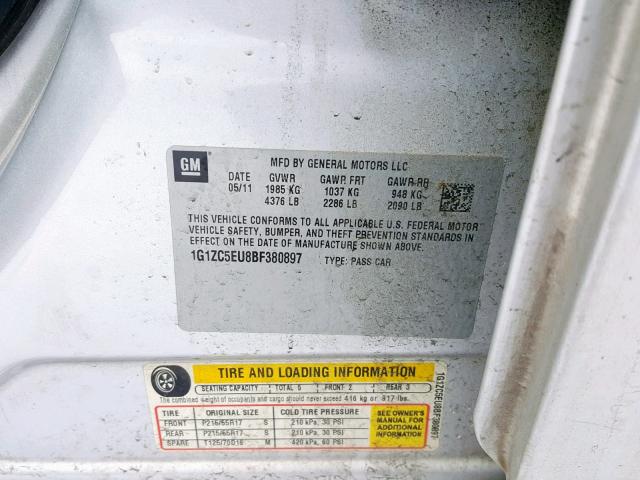 1G1ZC5EU8BF380897 - 2011 CHEVROLET MALIBU 1LT 银色 照片 10