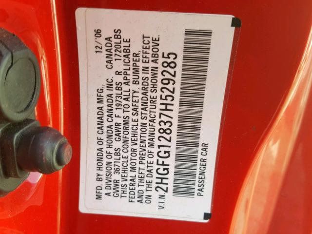 2HGFG12837H529285 - 2007 HONDA CIVIC EX RED photo 10