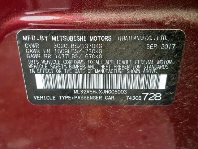 ML32A5HJXJH005003 - 2018 MITSUBISHI MIRAGE GT MAROON photo 10