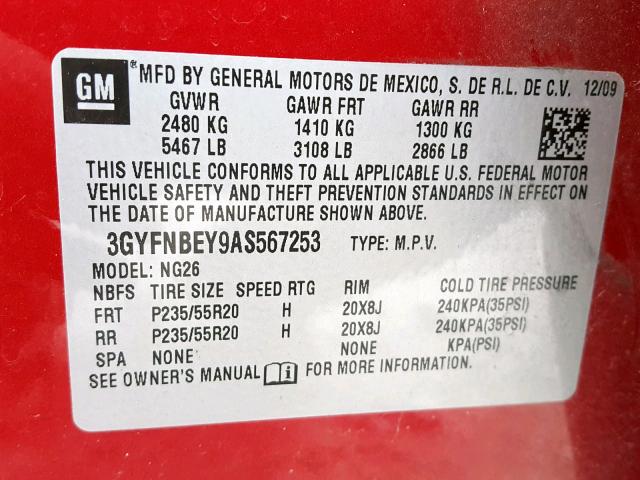 3GYFNBEY9AS567253 - 2010 CADILLAC SRX PERFOR RED photo 10