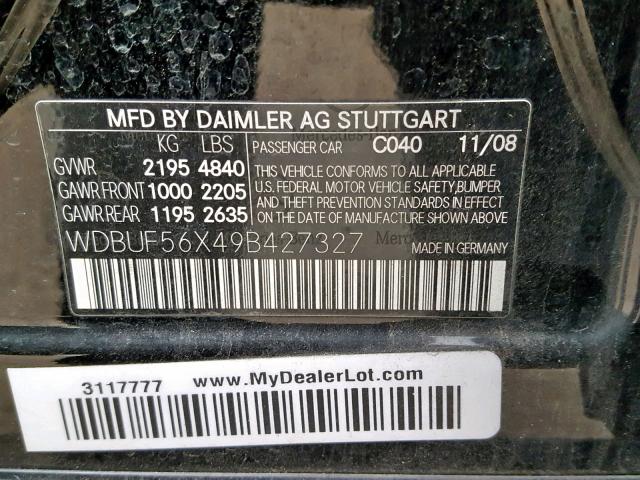 WDBUF56X49B427327 - 2009 MERCEDES-BENZ E 350 BLACK photo 10