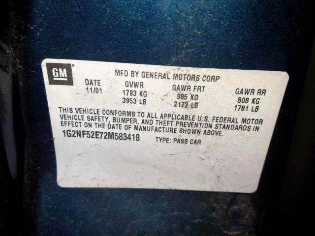 1G2NF52E72M583418 - 2002 PONTIAC GRAND AM S TEAL photo 10