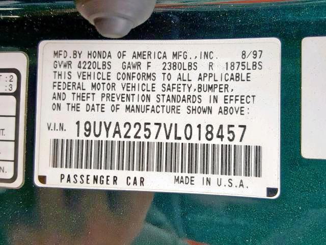 19UYA2257VL018457 - 1997 ACURA 3.0CL TURQUOISE photo 10