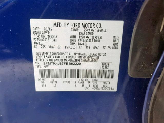 2FMTK4J87FBB63220 - 2015 FORD EDGE SEL BLUE photo 10