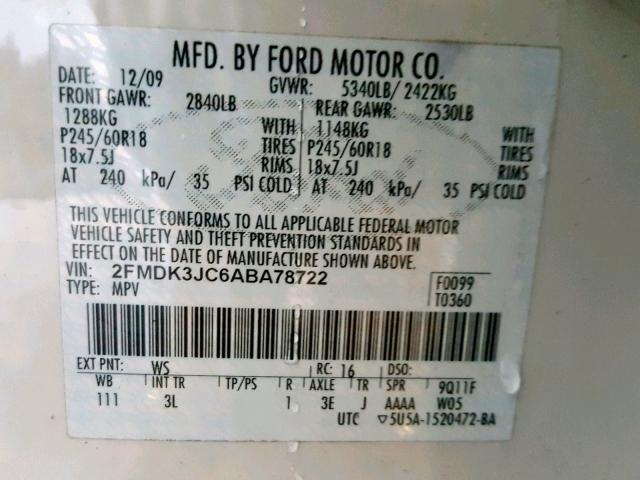 2FMDK3JC6ABA78722 - 2010 FORD EDGE SEL WHITE photo 10