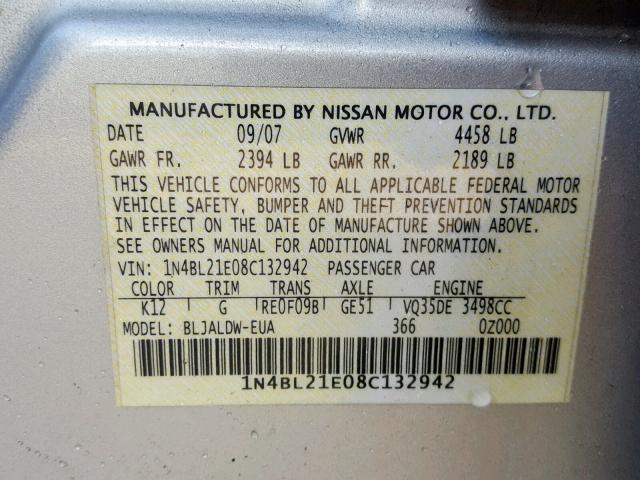 1N4BL21E08C132942 - 2008 NISSAN ALTIMA 3.5 SILVER photo 10