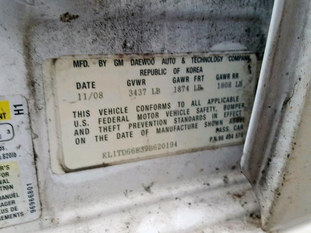 KL1TD66E39B620194 - 2009 CHEVROLET AVEO LS WHITE photo 10