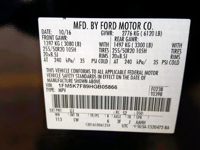 1FM5K7F89HGB05866 - 2017 FORD EXPLORER L BLACK photo 10