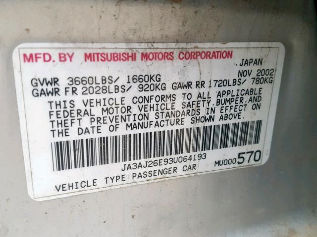 JA3AJ26E93U064193 - 2003 MITSUBISHI LANCER ES SILVER photo 10