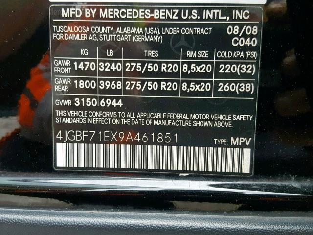 4JGBF71EX9A461851 - 2009 MERCEDES-BENZ GL 450 4MA BLACK photo 10