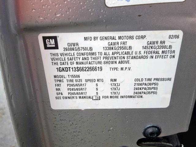 1GKDT13S662266619 - 2006 GMC ENVOY SILVER photo 10