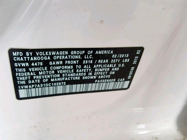 1VWAP7A31DC102572 - 2013 VOLKSWAGEN PASSAT S WHITE photo 10