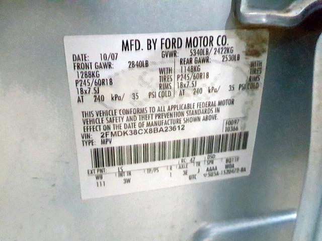 2FMDK38CX8BA23612 - 2008 FORD EDGE SEL BLUE photo 10