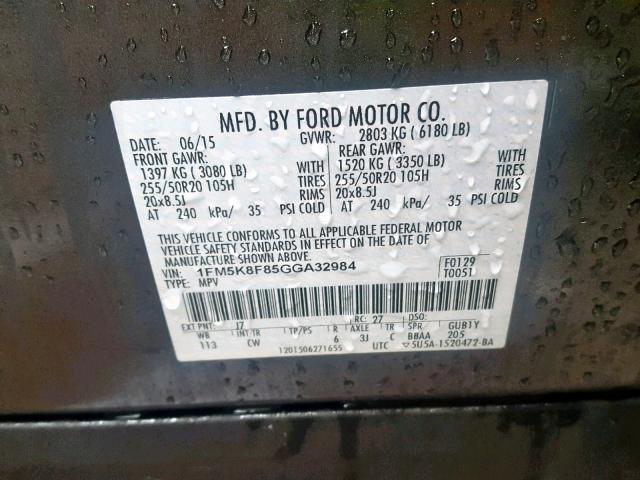 1FM5K8F85GGA32984 - 2016 FORD EXPLORER L GRAY photo 10