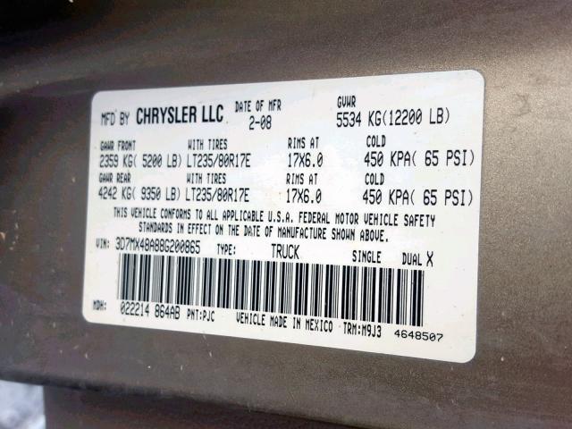 3D7MX48A88G200865 - 2008 DODGE RAM 3500 S BROWN photo 10