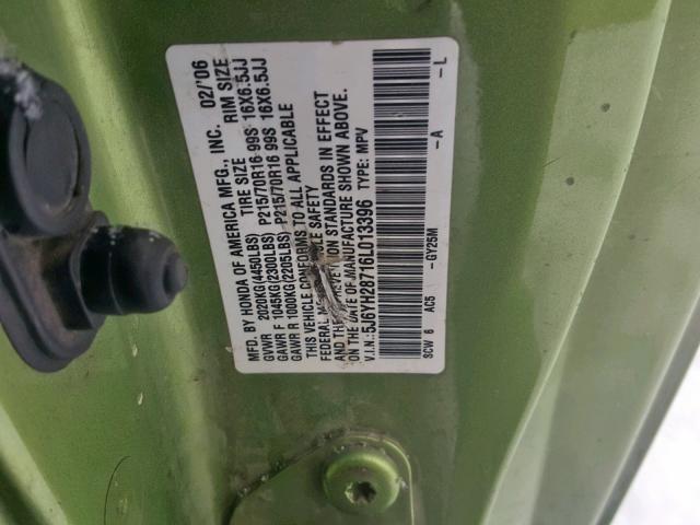 5J6YH28716L013396 - 2006 HONDA ELEMENT EX GREEN photo 10