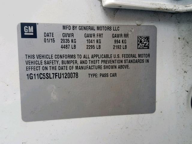 1G11C5SL7FU120078 - 2015 CHEVROLET MALIBU 1LT თეთრი ფოტო 10