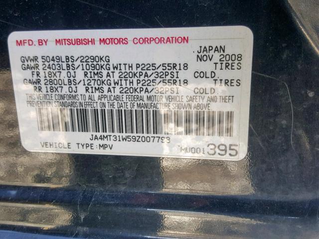 JA4MT31W59Z007798 - 2009 MITSUBISHI OUTLANDER BLACK photo 10