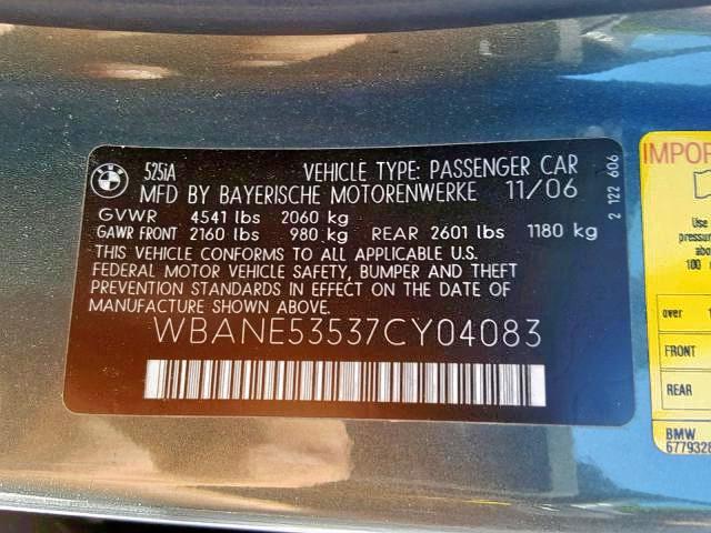 WBANE53537CY04083 - 2007 BMW 525 I SILVER photo 10