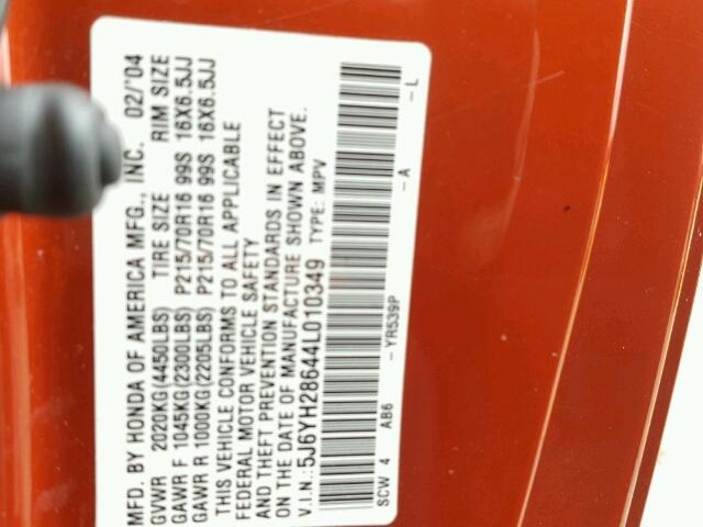 5J6YH28644L010349 - 2004 HONDA ELEMENT EX RED photo 10