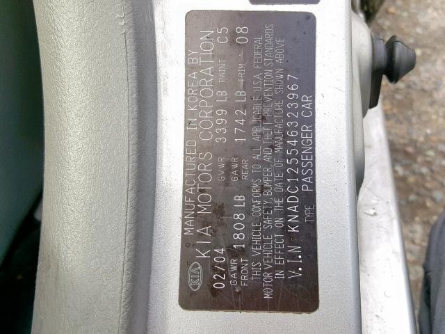 KNADC125546323967 - 2004 KIA RIO SILVER photo 10