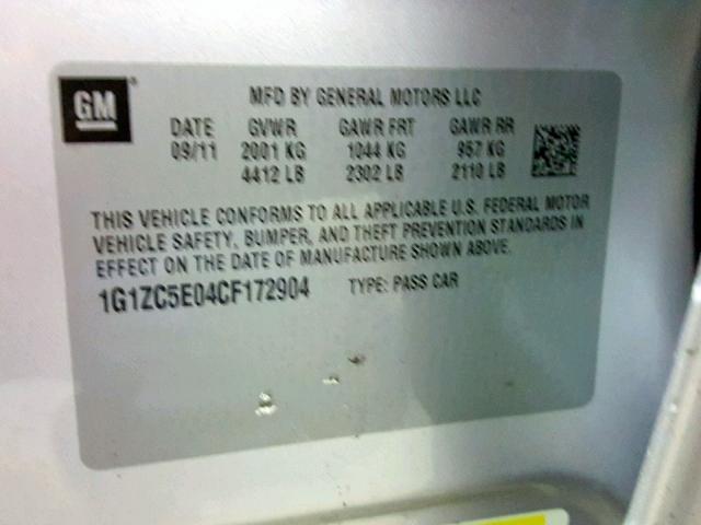 1G1ZC5E04CF172904 - 2012 CHEVROLET MALIBU 1LT ვერცხლისფერი ფოტო 10