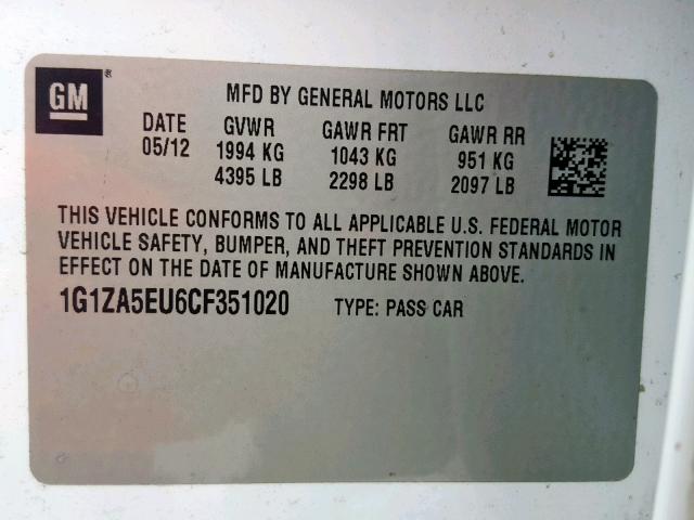 1G1ZA5EU6CF351020 - 2012 CHEVROLET MALIBU LS Ağ foto 10