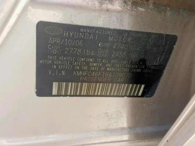 KMHFC46F16A109070 - 2006 HYUNDAI AZERA SE GOLD photo 10