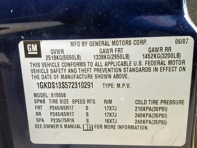 1GKDS13S572310291 - 2007 GMC ENVOY BLUE photo 10