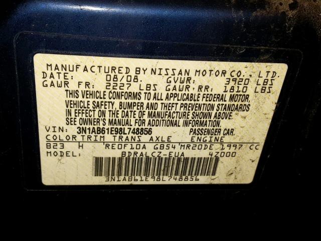 3N1AB61E98L748856 - 2008 NISSAN SENTRA 2.0 BLUE photo 10