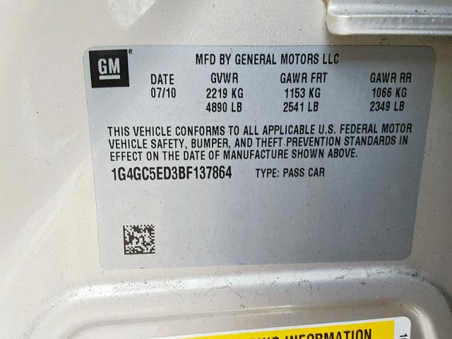 1G4GC5ED3BF137864 - 2011 BUICK LACROSSE C GOLD photo 10