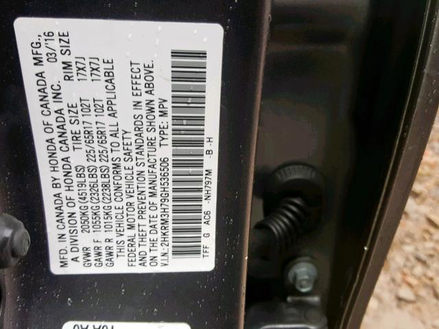 2HKRM3H79GH536506 - 2016 HONDA CR-V EXL GRAY photo 10