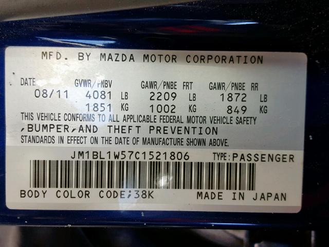 JM1BL1W57C1521806 - 2012 MAZDA 3 S BLUE photo 10