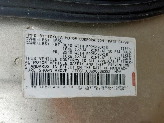 JT6GF10U6X0036332 - 1999 LEXUS RX 300 GOLD photo 10