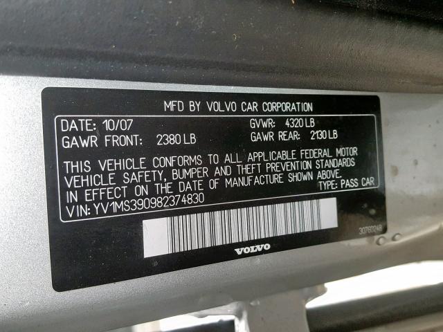 YV1MS390982374830 - 2008 VOLVO S40 2.4I SILVER photo 10