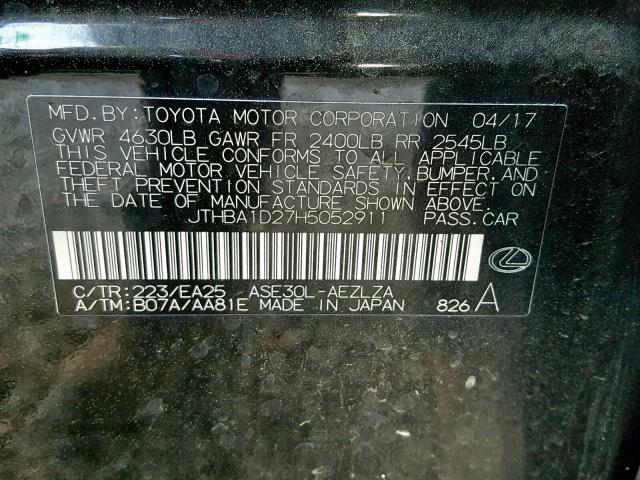 JTHBA1D27H5052911 - 2017 LEXUS IS 200T BLACK photo 10