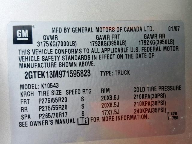 2GTEK13M971595823 - 2007 GMC NEW SIERRA BEIGE photo 10