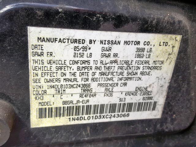 1N4DL01D3XC243066 - 1999 NISSAN ALTIMA XE BLACK photo 10