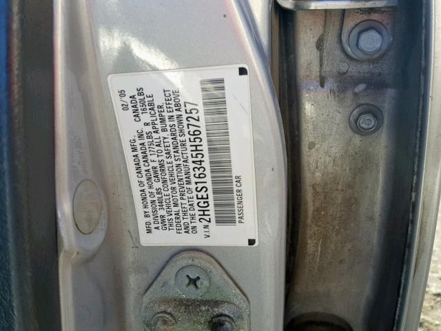 2HGES16345H567257 - 2005 HONDA CIVIC DX V SILVER photo 10