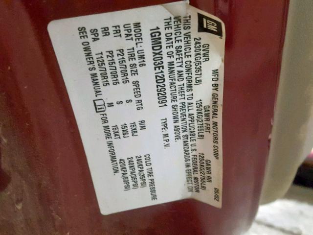 1GMDX03E12D292091 - 2002 PONTIAC MONTANA MAROON photo 10