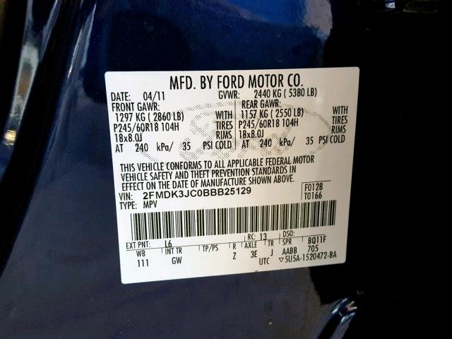 2FMDK3JC0BBB25129 - 2011 FORD EDGE SEL BLUE photo 10