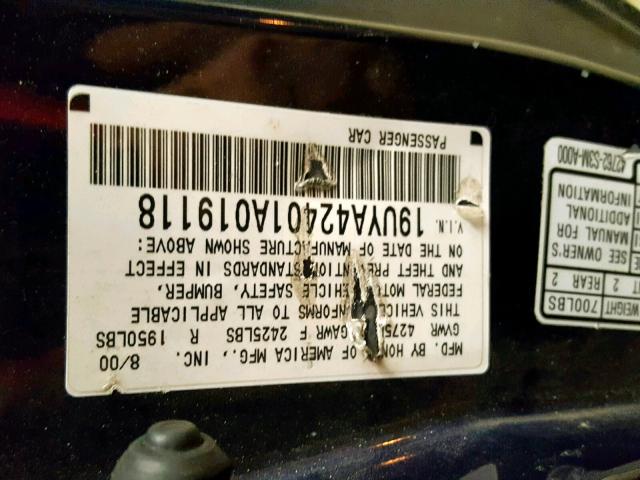 19UYA42401A019118 - 2001 ACURA 3.2CL BLUE photo 10