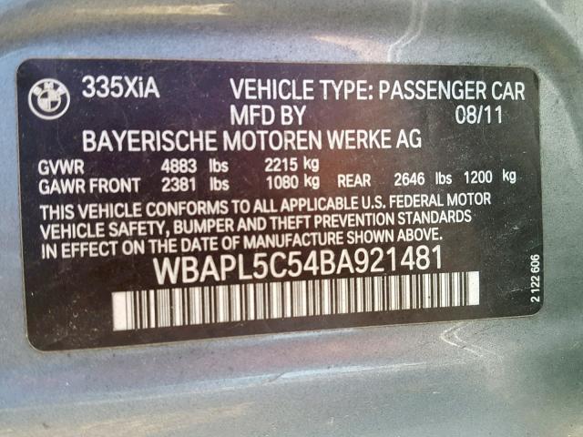 WBAPL5C54BA921481 - 2011 BMW 335 XI GRAY photo 10