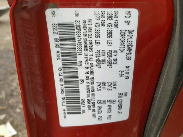 2C8GF68474R636514 - 2004 CHRYSLER PACIFICA RED photo 10