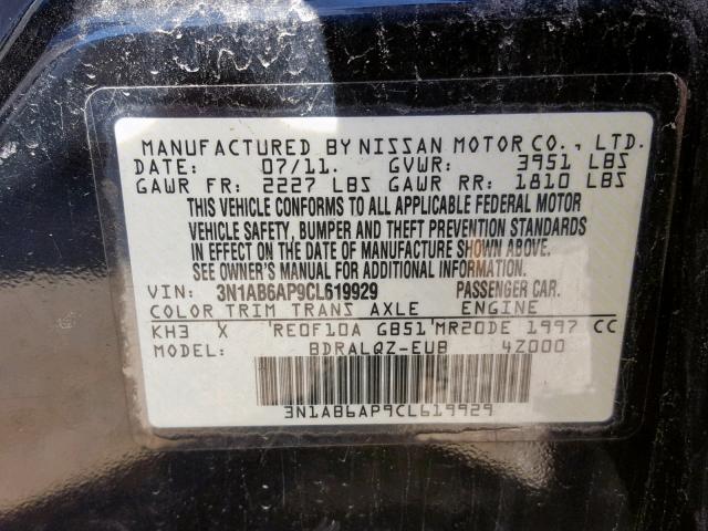 3N1AB6AP9CL619929 - 2012 NISSAN SENTRA 2.0 BLACK photo 10